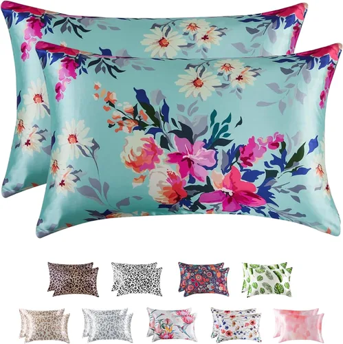 MR&HM - Funda de almohada de satén 16- verde floral