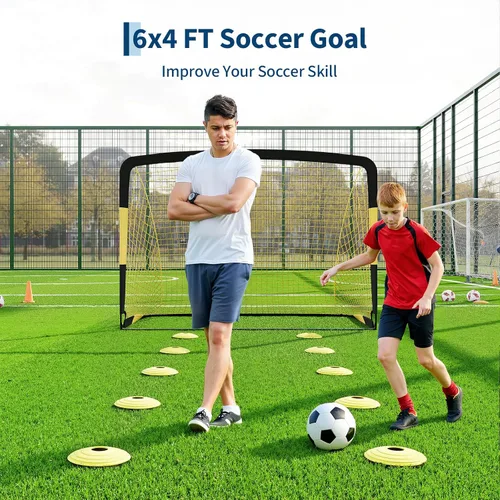 Miniatura 4 de Paquete de 2 porterías de fútbol de 6 x 4 pies, juego de porterías de fútbol para niños, red de fútbol portátil desplegable con pelota de fútbol