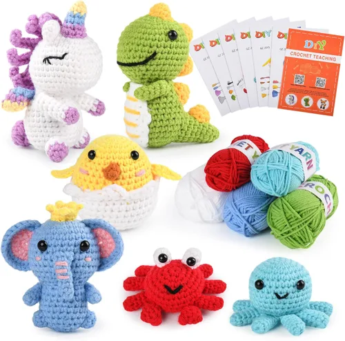 Miniatura 8 de MINGOMINGO Kit de ganchillo para principiantes y niños, 6 animales amigurumi, juego de regalo de manualidades para el día de la madre, tutoriales