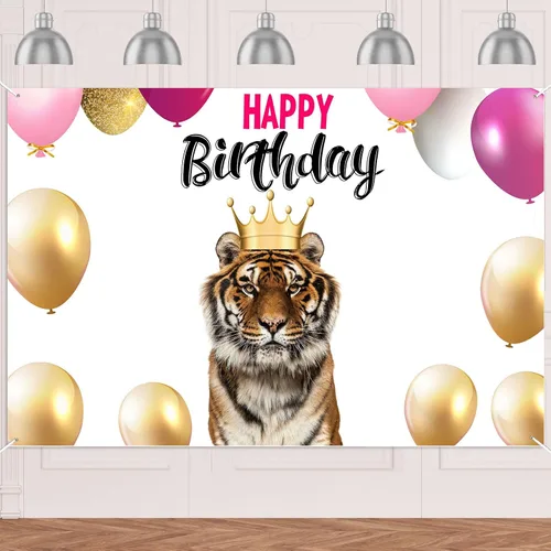 Cartel de feliz cumpleaños del rey tigre, telón de fondo realista de tigre animal zoológico, decoración para safari salvaje, fiesta de cumpleaños,