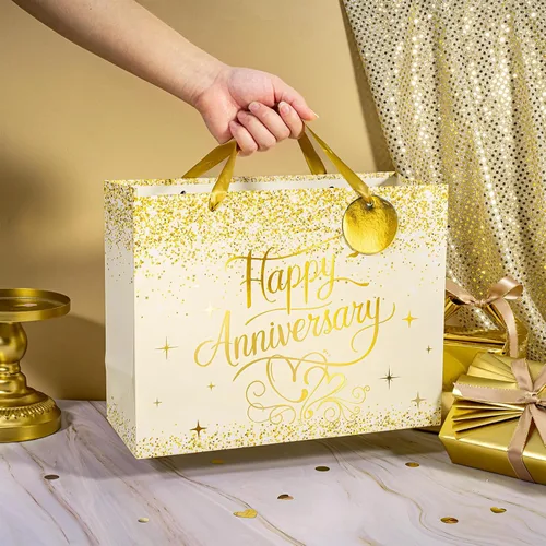 Miniatura 6 de LeZakaa 13" Wedding Anniversary Bag with Tissue Paper, Tag & Greeting Card, Happy Anniversary Gold Glitter Gift Bag for Couple, Parents, Wife