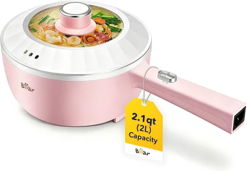 Bear Olla caliente antiadherente 2L, 1000W | Olla de cocina portátil multifuncional, fideos rápidos eléctricos, sartenes antiadherentes para carne,