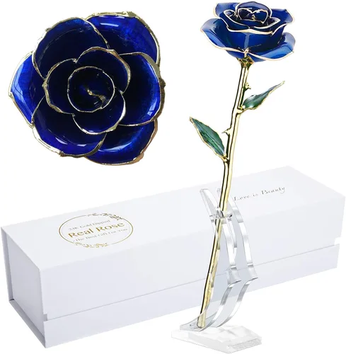 Rosa bañada en oro de 24 quilates, hecha de rosas reales, el mejor regalo para el Día de San Valentín para mujeres, con soporte Azul