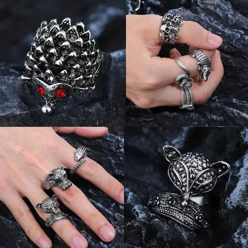 Miniatura 3 de ORAZIO Juego de 16 anillos abiertos góticos para hombres y mujeres, estilo punk, ajustable, serpiente y garra de dragón, anillos de animales