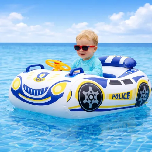 Flotador de piscina para niños pequeños con volante, flotador de piscina para bebés sin giro con asiento y respaldo, PVC grueso inflable de policía,