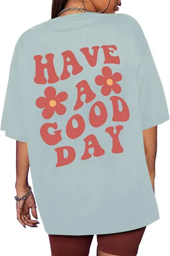 Miniatura 3 de SAFRISIOR Camiseta de gran tamaño con estampado de letras para mujer, cuello redondo, manga corta, eslogan floral, hombros caídos, blusa suelta