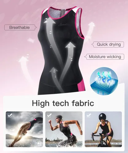 Miniatura 4 de Traje de triatlón de una pieza sin mangas para mujer, acolchado de secado rápido, adelgazante, para correr, nadar, ciclismo Negro/Rosa Rojo