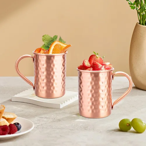 Miniatura 8 de Juego de 2 tazas de cobre 100% puro, tazas Moscow Mule con asa, taza de cobre para beber en frío, taza con acabado martillado a mano, regalos