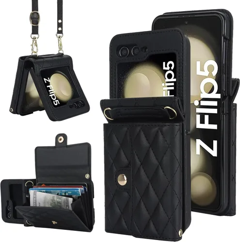 Funda tipo cartera cruzada de acordeón para Samsung Galaxy Z Flip 5, 4 ranuras para tarjetas, bloqueo RFID y correa ajustable, accesorio elegante y