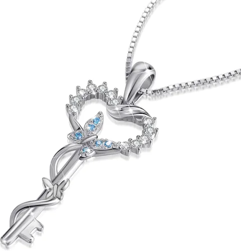 Miniatura 2 de VANLAMS Collar de alas de ángel de plata esterlina S925 para mujer, colgante de corazón de amor con llave de mariposa, regalos de cumpleaños