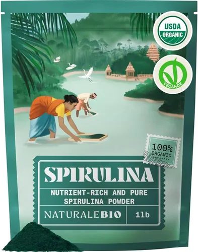 NaturaleBio Polvo de espirulina orgánico 1 libra de algas espirulina en polvo natural y crudo. Vegano y puro. Cultivado en la India en Tamil Nadu.
