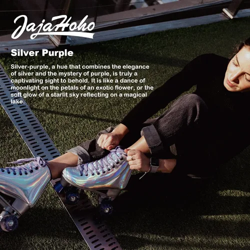 Miniatura 8 de JajaHoho Patines de ruedas para mujeres, piel sintética holográfica de alta calidad, patines brillantes de doble fila de cuatro ruedas para niñas