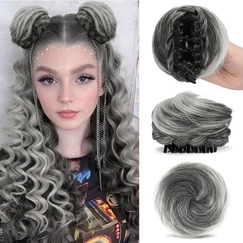 Miniatura 15 de Sofeiyan 2 piezas de extensión de cabello rizado ondulado en forma de moño desordenado, mini moño desordenado con banda elástica, peluca sintética
