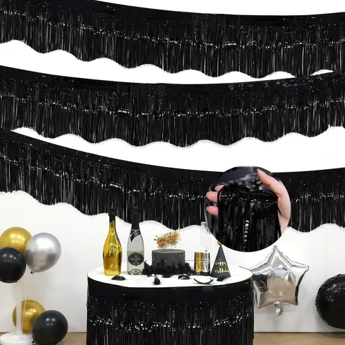 Miniatura 4 de LOLStar Paquete de 6 guirnaldas de flecos de papel de aluminio de oropel negro, decoraciones de fiesta de cumpleaños, pancarta de serpentinas