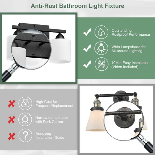 Miniatura 6 de Luces de baño negras sobre espejo, lámpara de tocador anti-óxido para baño, moderna lámpara de pared de 2 luces para sala de estar, base estándar
