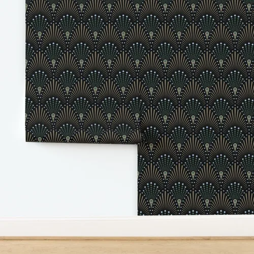 Miniatura 4 de Muestras de papel tapiz para despegar y pegar, ventilador Art Deco negro, verde, marrón, dorado, geométrico, puntos geométricos, papel tapiz