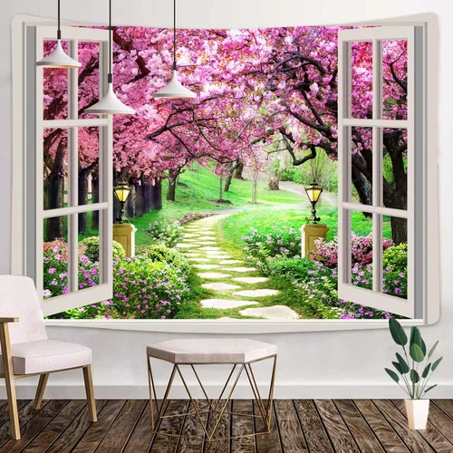 Tapiz japonés de flores de cerezo para ventana, camino de bosque de árboles, flores rosas, botánico, floral, paisaje natural, estético para sala de