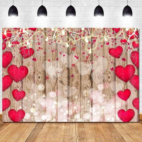 HQM Telón de fondo vintage de madera rústica con diseño de corazón rojo para el día de San Valentín, 7 x 5 pies, tela para boda, despedida de