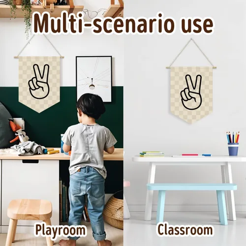 Miniatura 3 de Banderín de Lino con Signo de Paz a Cuadros para Decoración, Bandera Colgante de Pared para Sala de Juegos, Habitación de Niños, Guardería, Sala