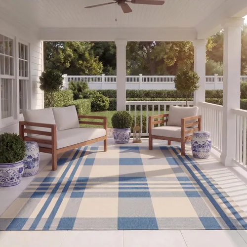 Miniatura 21 de SAFAVIEH Alfombra Lavable para Exteriores Colección Courtyard - 2'3" x 4', Beige y Azul, Patrón a Cuadros, No Desprende Pelusa y Fácil Limpieza