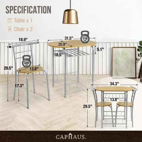 Miniatura 3 de CAPHAUS Juego de comedor de 3 piezas para 2, cocina pequeña, juego de mesa de comedor con marco de acero, juego de patio de 3 piezas con estante