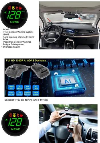 Miniatura 4 de ELING Velocímetro HUD de 2.75 pulgadas, módulo GPS integrado, dispositivo de prevención de colisiones AI, cámara inteligente para tablero con ADAS