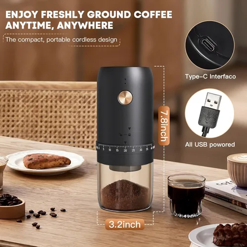 Miniatura 6 de Molinillo de café eléctrico portátil, mejorado externo ajustable 40 niveles de ajuste fino a grueso, rebabas cónicas de acero inoxidable recargables