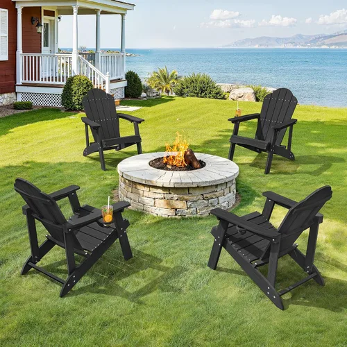 LUE BONA Juego de 2 sillas Adirondack de HDPE, sillas Adirondack de plástico con portavasos resistentes a la intemperie para exteriores, patio, Negro