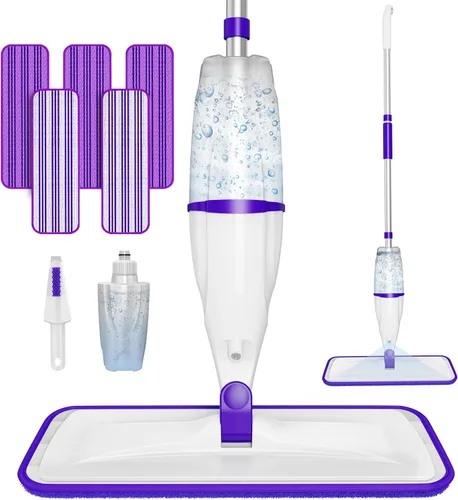 Trapeadores en aerosol para limpieza de suelos de madera dura: mopas húmedas EXEGO con 5 almohadillas recargables de microfibra para Swiffer Morado