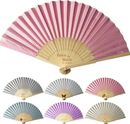 Miniatura 12 de Abanicos de mano personalizados a granel ventiladores de seda personalizados con grabado en el mango, regalos de fiesta, abanicos plegables vienen