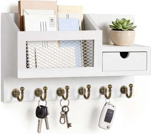 Miniatura 13 de FifthQuarter Organizador de llaves y correo para pared, organizador de correo con montaje en pared con 6 ganchos y cajón de almacenamiento, estante