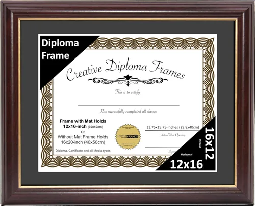 Creative Picture Frames Marco para Diploma de Caoba con Borde Dorado de 12x16 pulgadas con Vidrio y Paspartú Negro y Colgadores de Pared Instalados
