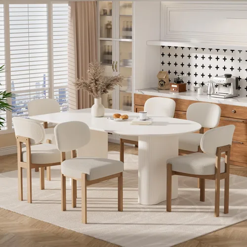 Juego de mesa de comedor moderna para 6, 7 piezas, color crema, mesa de comedor ovalada blanca de 63 pulgadas con 6 sillas beige para apartamento, 1