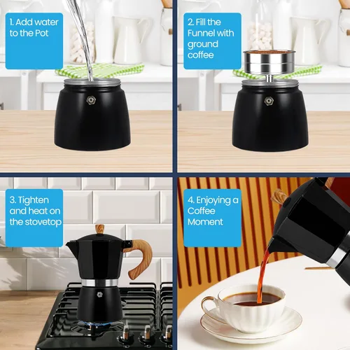 Miniatura 5 de Moka Pot - Cafetera italiana de aluminio de 15.2 fl oz, cafetera para estufa, cafetera espresso Mocha Pot (negro, 3 tazas)