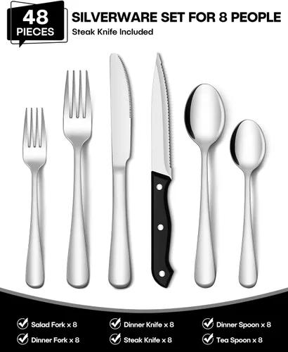Miniatura 2 de EUIRIO Juego de cubiertos de 48 piezas con cuchillos para carne, cubiertos de acero inoxidable resistente para 8, cubiertos de grado alimenticio