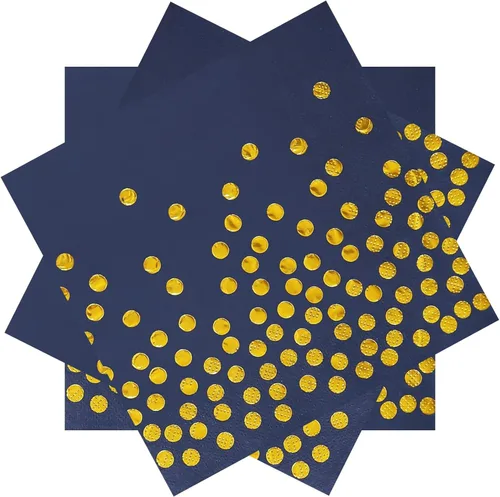 Servilletas de fiesta azules de 13 x 13 pulgadas, servilletas de bebidas azules y doradas, 100 servilletas de papel de cóctel con puntos dorados