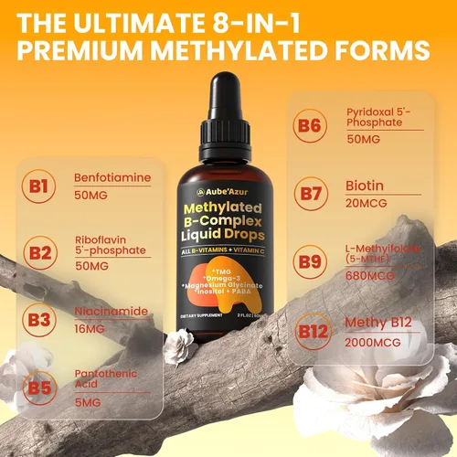 Miniatura 4 de Methylated B Complex Liquid Drop, vitaminas del complejo B líquido para mujeres, con metil B12, metilfolato, B1, B3, B5, B6, B7, C, Omega-3