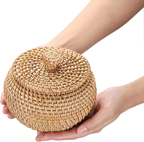 Miniatura 3 de Hipiwe Cajas de Cestas Redondas de Ratán con Tapa Tejidas a Mano, Cestas de Almacenamiento de Mimbre, Contenedor, Cesta Decorativa Multiusos