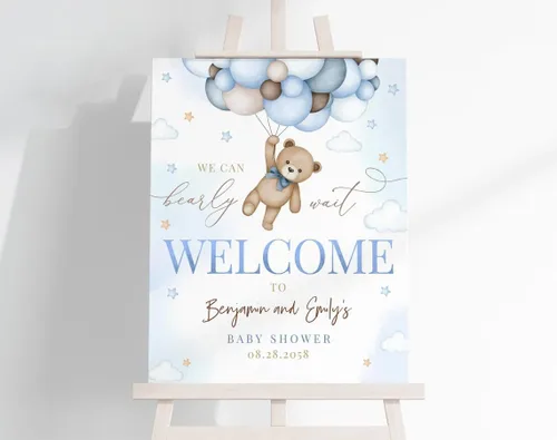 Miniatura 3 de Letrero de bienvenida personalizado de oso azul para niño "We Can Bearly Wait Baby Shower", decoración, letrero de bienvenida para bebé niño