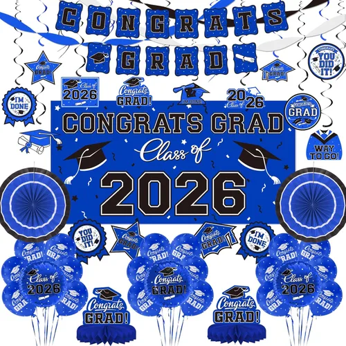 Miniatura 13 de Juego de decoraciones de graduación 2026 con temática negra y dorada, pancarta de felicitaciones, telón de fondo, globos y serpentinas, suministros