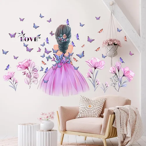 Miniatura 2 de Pegatinas de pared de mariposa para niña, calcomanía de pared de hada de flores, papel tapiz floral rosa, mariposas coloridas, bricolaje, arte
