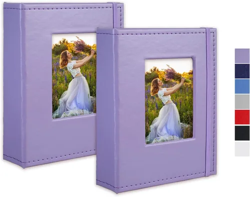 Álbum de fotos pequeño de 4 x 6 pulgadas, paquete de 2 libros de fotos de cuero, cada mini álbum de 26 páginas tiene capacidad para 52 fotos, Morado