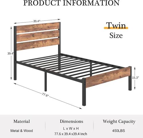 Miniatura 2 de VECELO Base de cama tamaño individual, plataforma de metal resistente con cabecera de madera, no necesita somier, color marrón antiguo