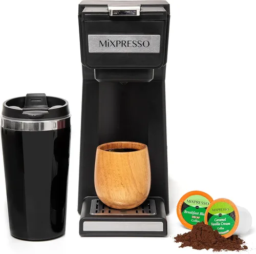 Cafetera Mixpresso de una sola taza para café molido y compatible con cápsulas K Cup, con taza de viaje de 14 onzas y filtro reutilizable para el