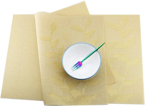Miniatura 5 de Juego de 6 manteles individuales de vinilo dorado con diseño floral resistente al calor para mesa de comedor, interiores y exteriores, tejido