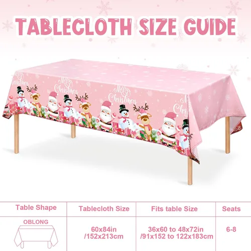 Miniatura 2 de Tiamon Mantel de Navidad rosa de 60 x 84 pulgadas para mesa rectangular, tela lavable a prueba de agua, cubierta de muñeco de nieve y Papá Noel