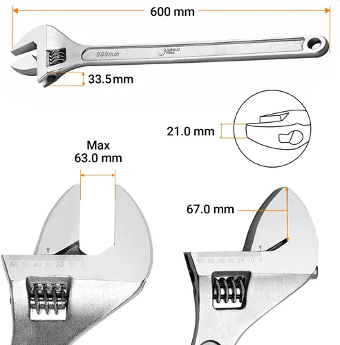Miniatura 2 de Jetech Llave ajustable de 24 pulgadas - Llave de cambio profesional de acero cromo-vanadio resistente con escala en pulgadas/métrica, abertura