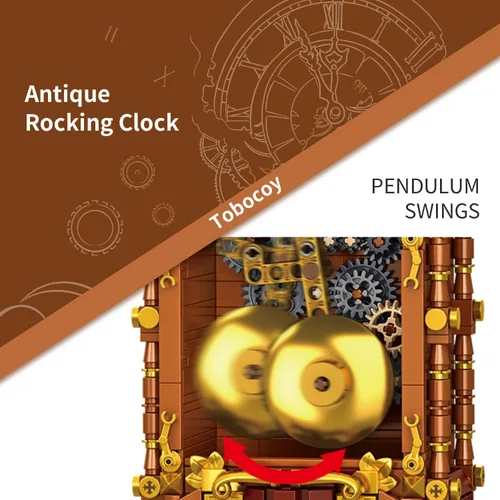 Miniatura 8 de Juego de bloques de construcción de reloj oscilante vintage, 751 piezas de reloj mecánico de trabajo real con alarma, péndulo móvil y esfera