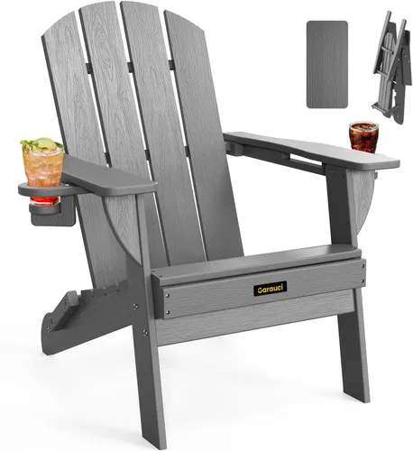 Miniatura 19 de Silla Adirondack Plegable, Sillas Adirondack de Plástico con Textura de Madera con 2 Portavasos, Silla para Hoguera de HDPE Resistente a
