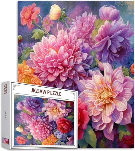 Rompecabezas de flores de jardín de 1000 piezas para adultos, familias (flores de dalias, plantas tropicales, hojas), piezas que encajan